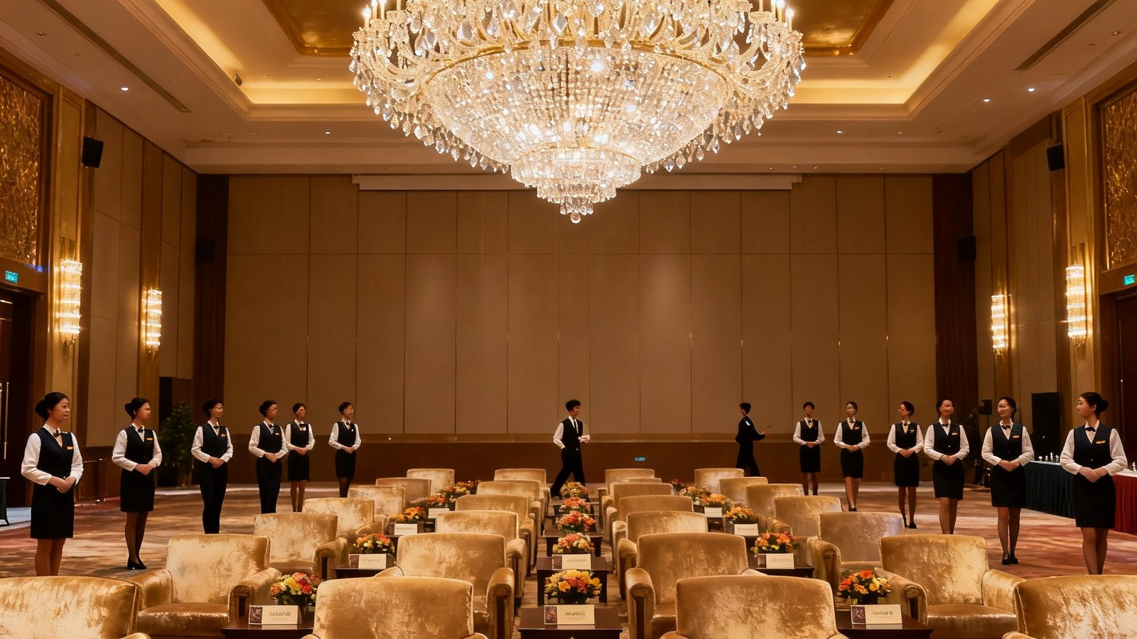 大型宴会厅被改造为企业峰会贵宾接待区，水晶吊灯下排列着二十余组沙发洽谈区，每张茶几上摆放着定制名牌和鲜花，穿着统一制服的礼仪团队正在进行最后的走位彩排