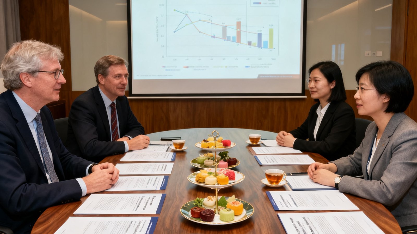 明亮的大学会议室内，三位外籍学者与两位中国研究人员围坐在胡桃木圆桌旁，投影屏幕上显示着合作研究数据，桌面上摆放着双语会议资料和精致茶点
