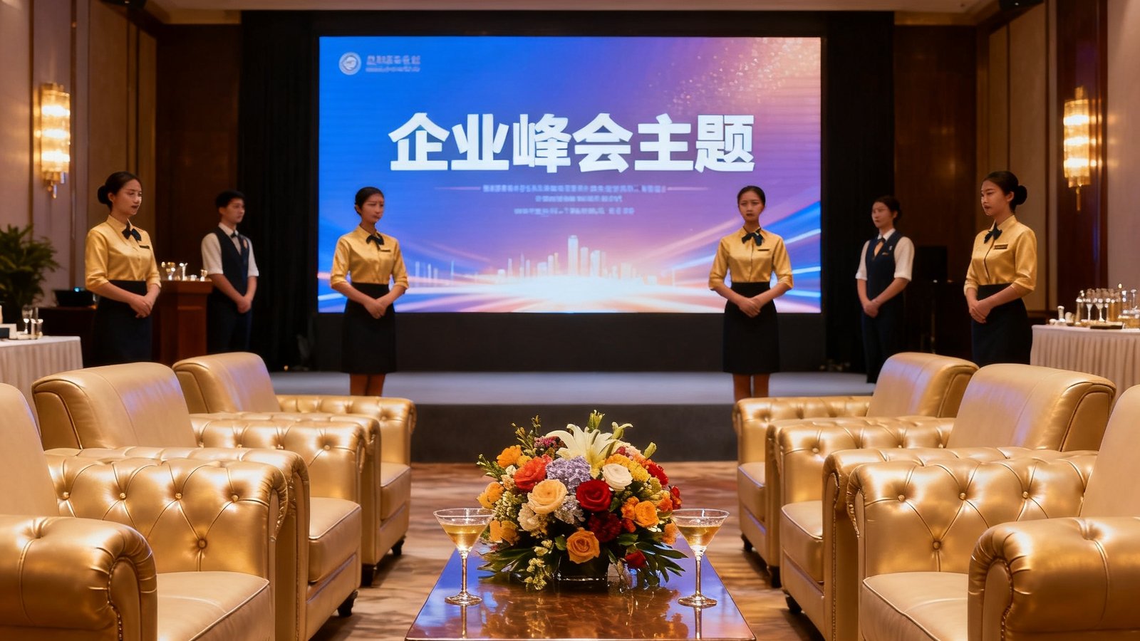 高端峰会贵宾厅内部全景，米色真皮沙发环绕，中央摆放着鲜花装饰的鸡尾酒桌，背景LED屏幕显示企业峰会主题，几位礼仪人员穿着统一制服静候服务