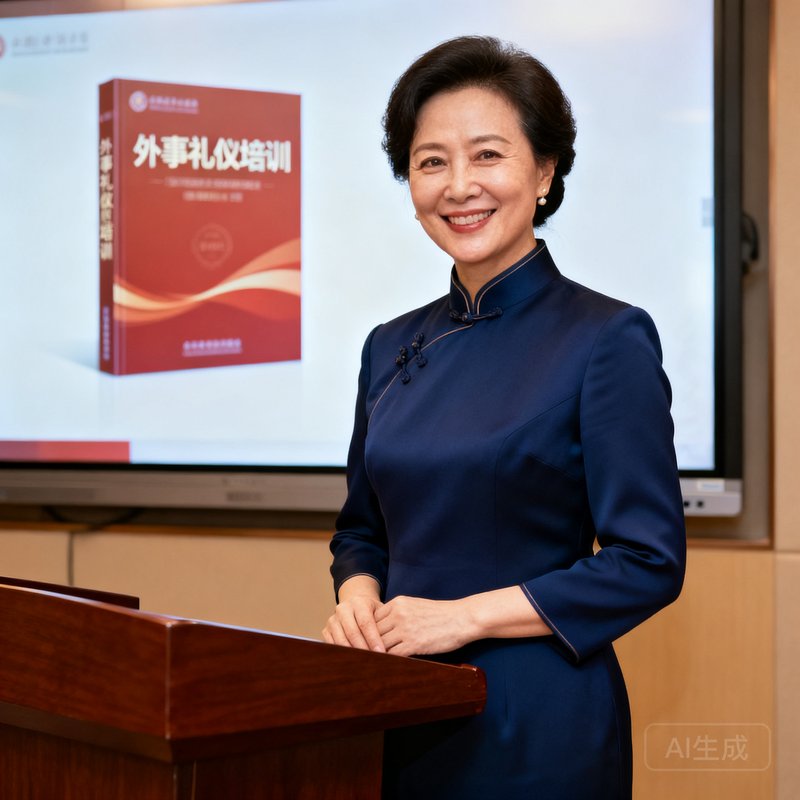 一位四十岁左右的女性礼仪培训专家半身像，她穿着优雅的藏蓝色旗袍式职业装，面带微笑站在培训讲台前，身后屏幕显示着外事礼仪培训课件的封面